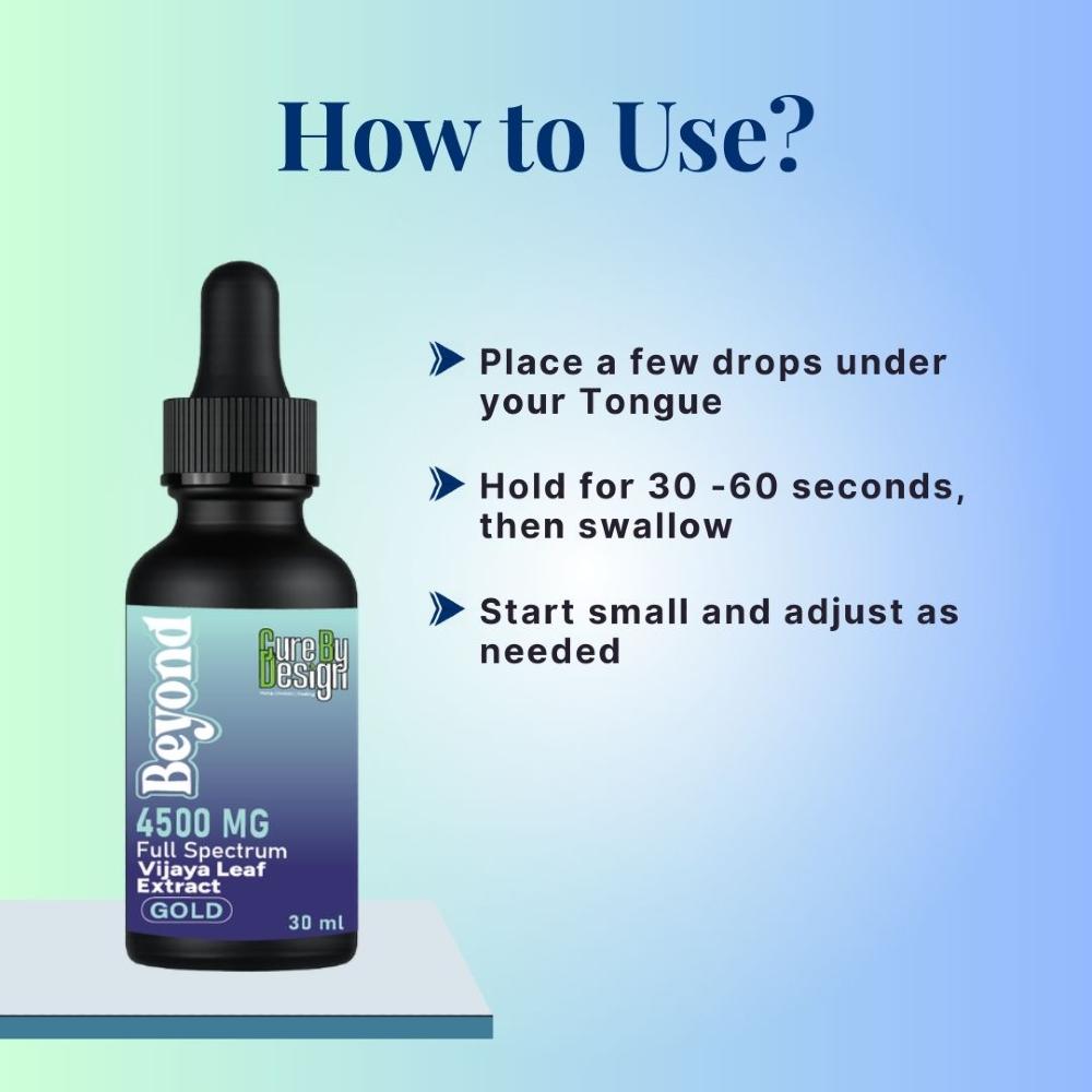 Bottle of Cure By Design Beyond Full Spectrum Vijaya Leaf Extract with usage instructions on a gradient blue background