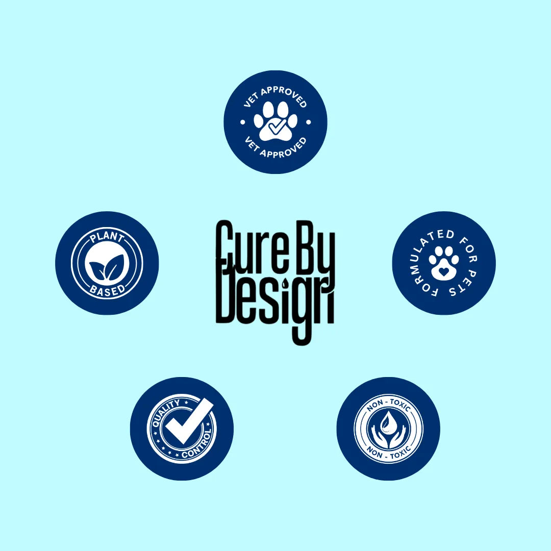Cure By Design logo with certification icons on a light blue background