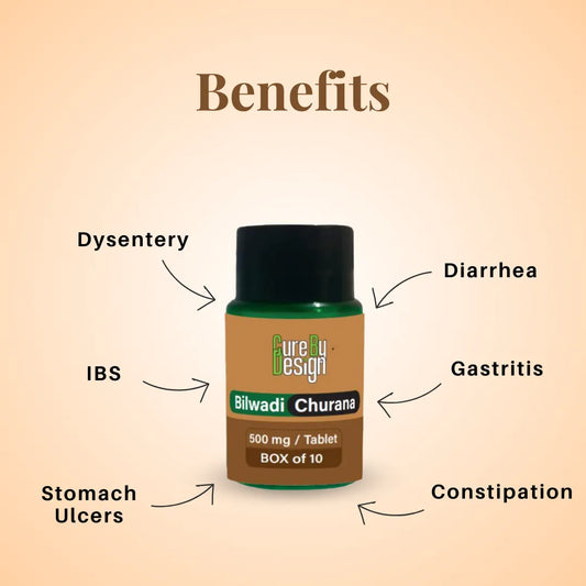 Bilwadi Churana bottle with health benefits on a beige background