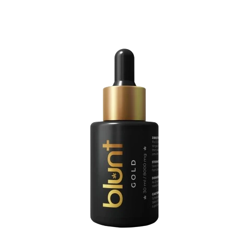 Black and gold CBD Oil dropper bottle labeled 'blunt' on a white background