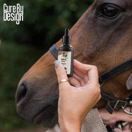 Hand holding a bottle labeled 'Cure By Design' near a horse's face.