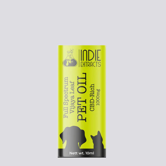 Indie Extracts CBD-Rich Pet Oil packaging on a gray background