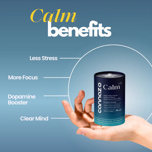 A hand holding a can of Cannazo Calm drops against a blue gradient background with text highlighting benefits: Less Stress, More Focus, Dopamine Booster, and Clear Mind.