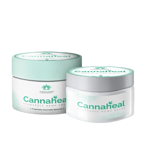 Two containers of Cannaheal products, one larger labeled as Ayurvedic Hemp Cream and a smaller one as Ayurvedic Hemp Salve.