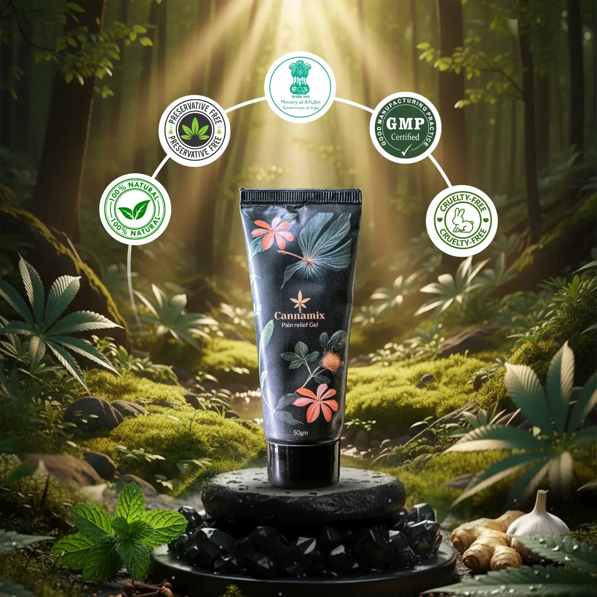 Cannamix product tube in a forest setting with certification icons