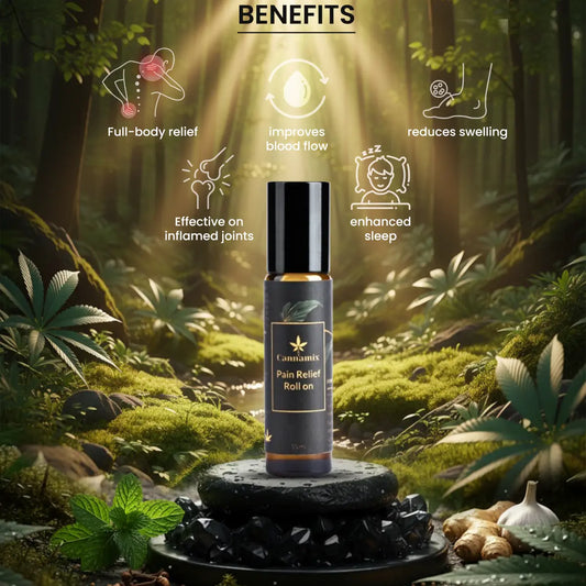 Pain relief roll on bottle with forest background and benefits listed