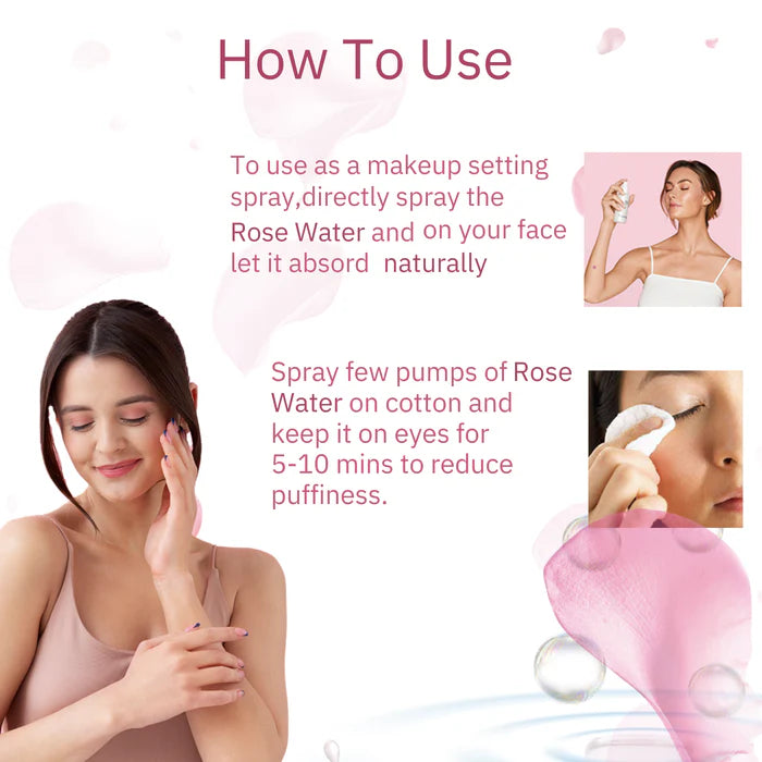 Instructions for using rose water are displayed along with images of a woman spraying her face and a woman applying cotton to her eye. Text reads: "How To Use: For a complete skincare beauty experience, spray the Bulgarian Rose Water Oil on your face and let it absorb naturally. Use it on cotton for 5-10 mins to reduce eye puffiness.