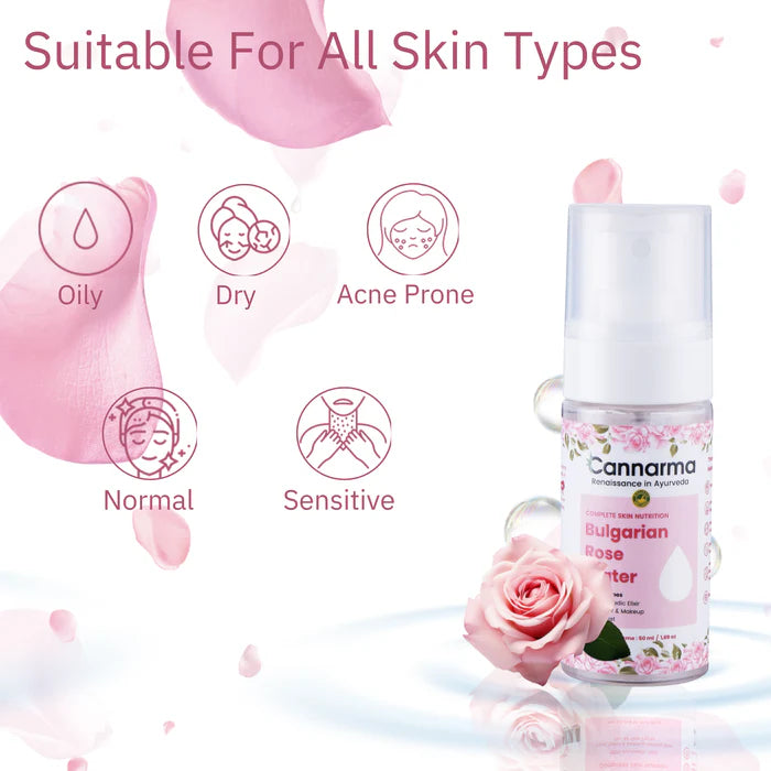 Cannarma Rose Facial Toner for all skin types. Product bottle with rose on pink background. Oily, dry, acne-prone, normal, sensitive icons shown.