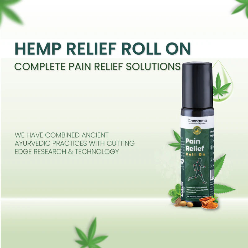 Hemp Relief Roll On product against a light green background with hemp leaves and capsules illustrations.