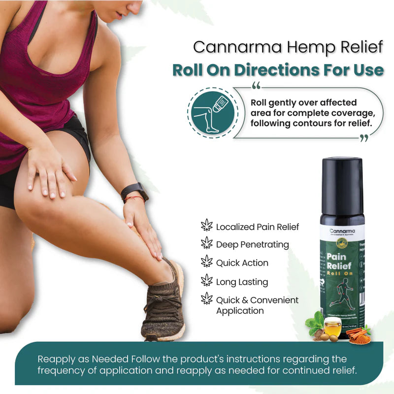 Ad for Cannarma Hemp Relief Roll-On, showing application on knee, highlighting localized pain relief.
