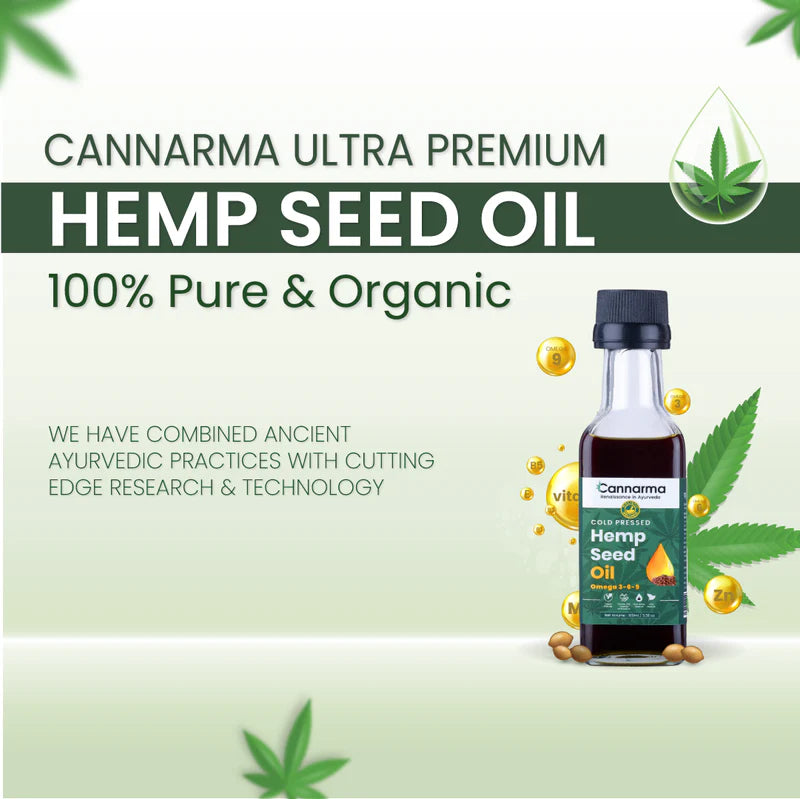 Ad for Cannarma Ultra Premium Hemp Seed Oil, 100% Pure & Organic, featuring the product and nutrients.