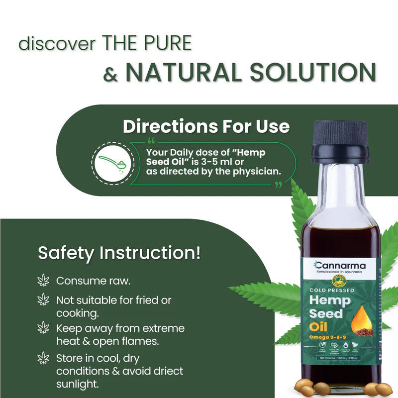 Promotional poster for cold-pressed hemp seed oil from Cannarma, highlighting usage instructions, and image.