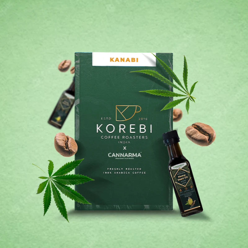 A green box labeled "Korebi Coffee Roasters" with coffee beans, cannabis leaves, and a bottle of hemp seed oil.