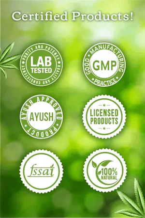 Certified Products! Six certification badges on a green, foliage background.