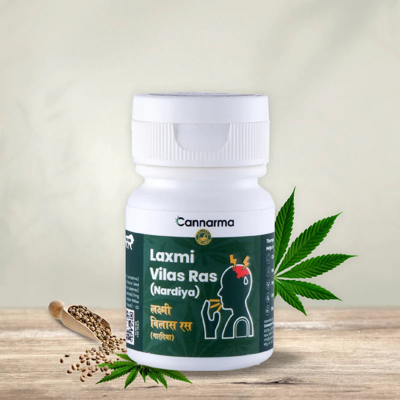 White bottle labeled "Laxmi Vilas Ras (Nardiya)" from Cannarma with hemp leaves and seeds.