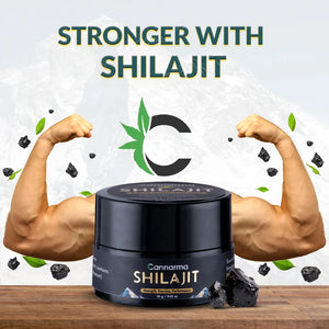 Container of Cannarma Shilajit with flexing muscular arms, black fragments, and green leaves around.
