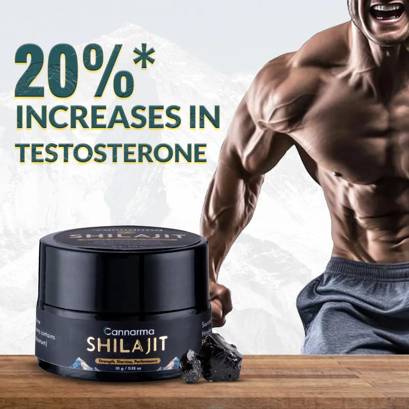 Cannarma Shilajit container on a wooden surface with text "Increases in Testosterone" and a muscular man in the background.