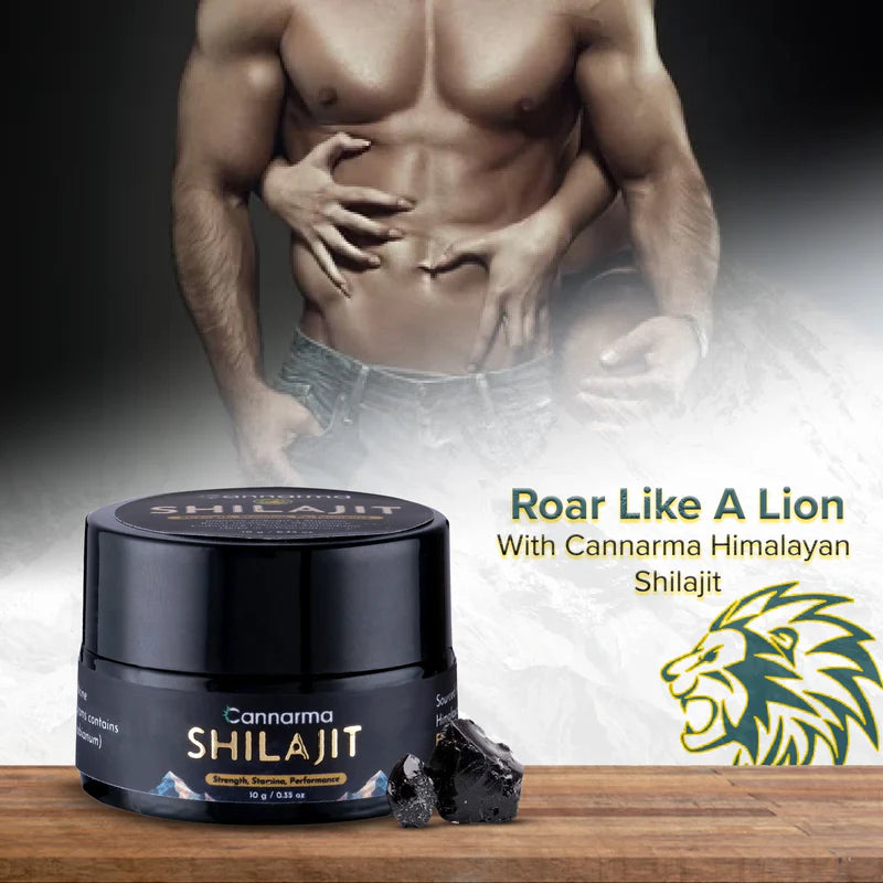 Black jar of Cannarma Himalayan Shilajit with black resin chunks; muscular man with hands wrapped around.