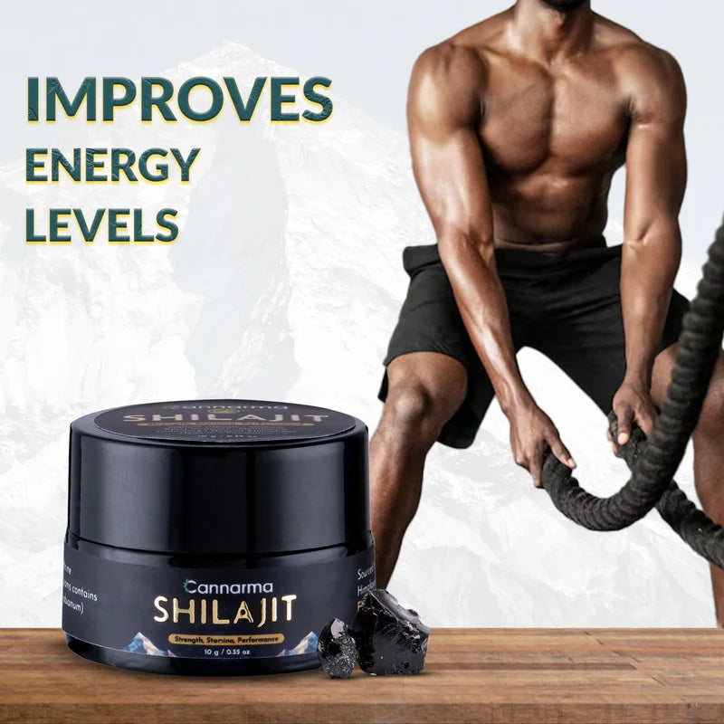 A man performing a rope workout with a can of Cannarma Shilajit in the foreground.
