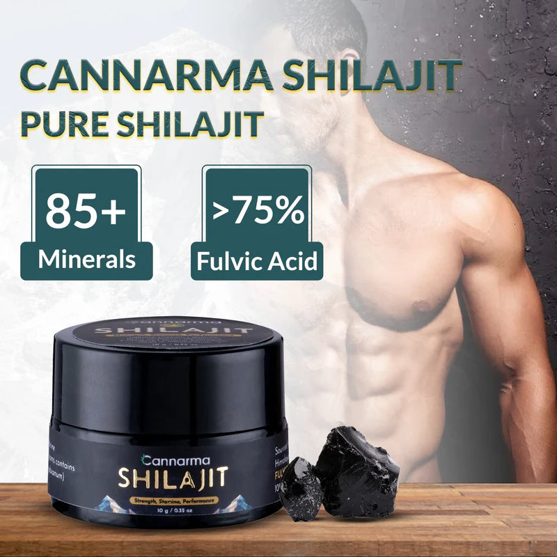 Cannarma Shilajit Pure Shilajit product with 85+ minerals and >75% fulvic acid, shown with a muscular man in the background.