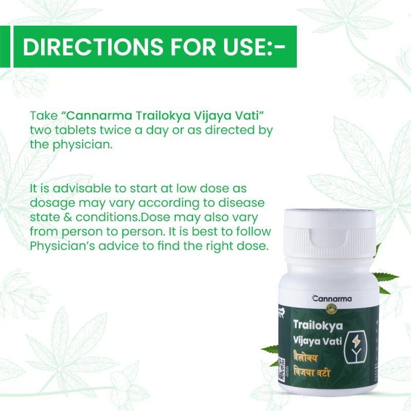 Medication directions and bottle of Cannarma Trailokya Vijaya Vati.