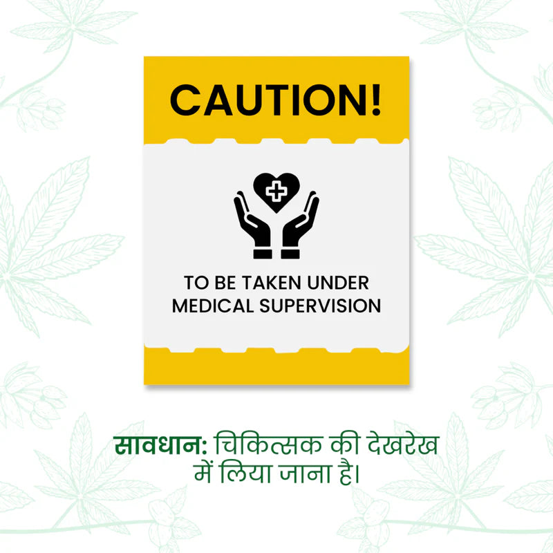 Poster with "CAUTION! To be taken under medical supervision" and cannabis leaf background.
