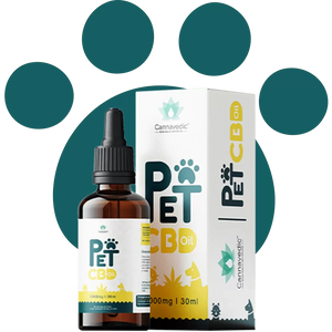 Pet CBD oil bottle and box with colorful label, indicating 1000 mg | 30 ml.