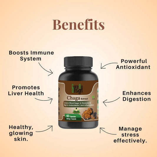 Chaga extract supplement bottle with health benefits listed on a beige background