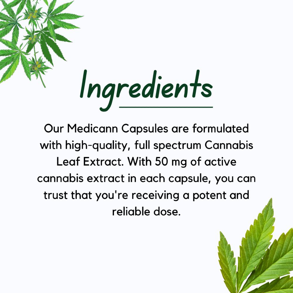 Ingredients text of medicann cannabis leaf extract capsules with cannabis leaves illustrations at top left and bottom right corners.