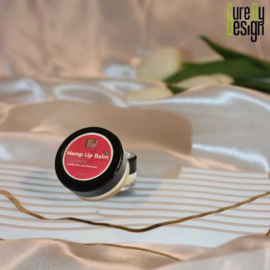 Hemp lip balm on a decorative plate with a blurred background
