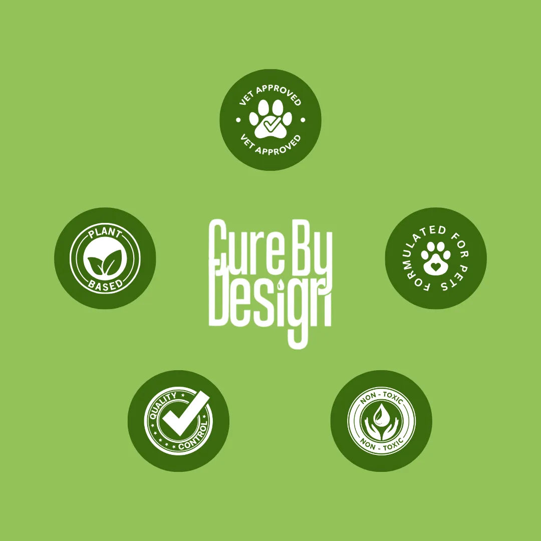 Green background with 'Cure By Design' logo and certification icons.