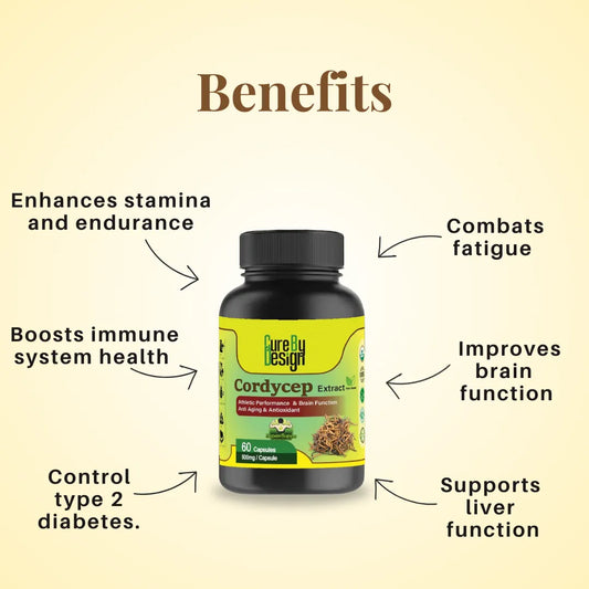 Cordyceps supplement bottle with labeled benefits on a beige background