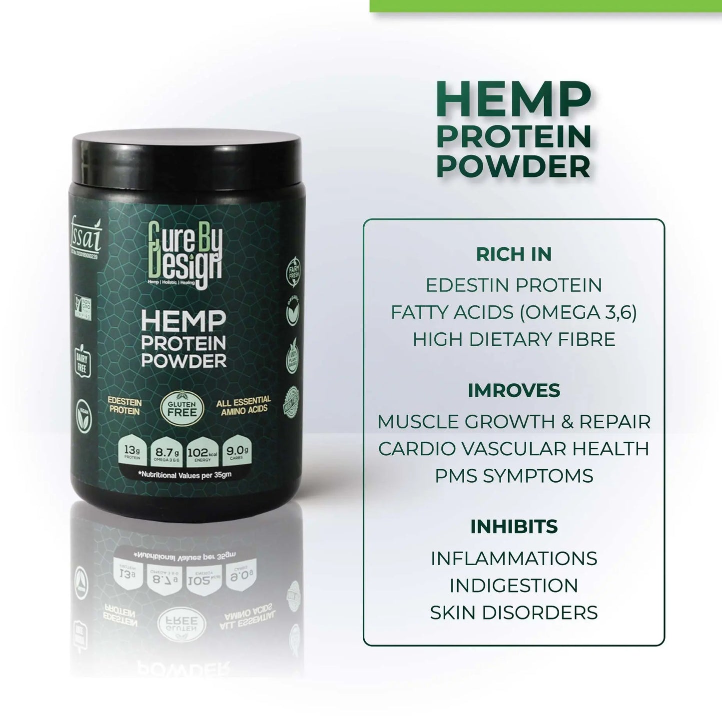 Cure by Design Hemp Protein Powder container with product details on a white background