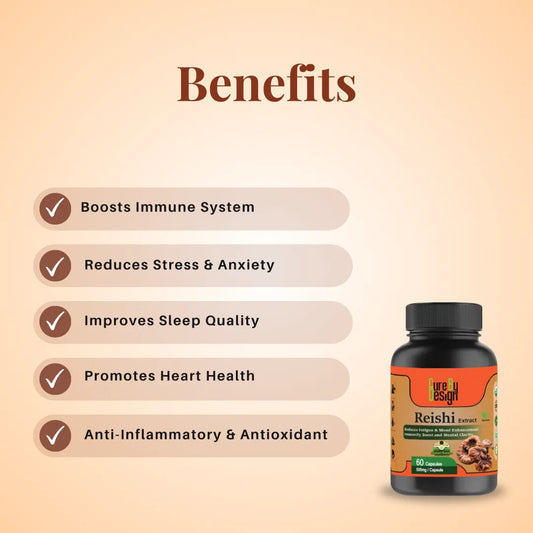 Bottle of Reishi supplement with listed benefits on a beige background