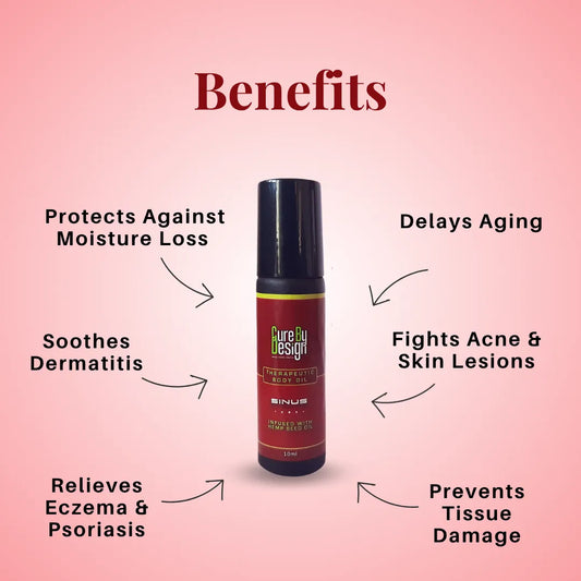 Cure By Design Therapeutic Roll-on for Sinus product with benefits listed on a pink background