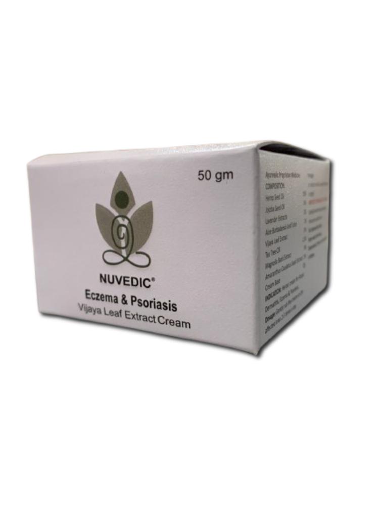 White box labeled "NUVEDIC® Eczema & Psoriasis Vijaya Leaf Extract Cream," with a logo above.