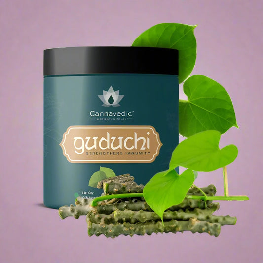 Alt-Text: Cannavedic Guduchi container with Guduchi plant leaves and stems.