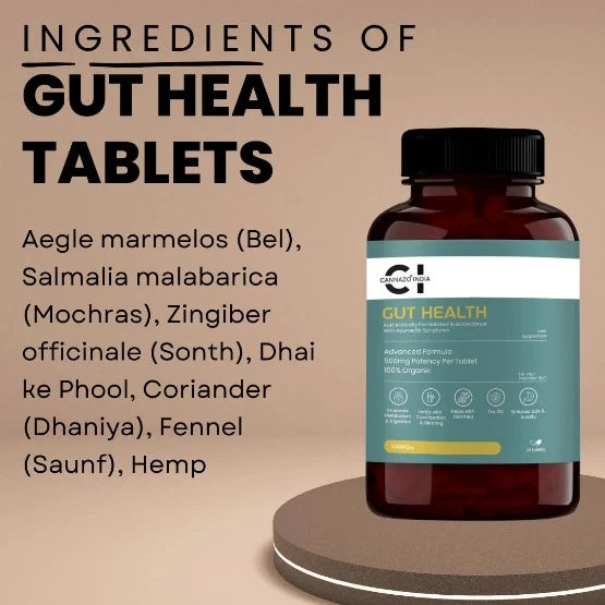 a bottle of gut health supplemet pills on a round platform.