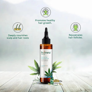 Hampa Wellness Regrowth Serum: A slender glass bottle of Hampa Wellness Regrowth Serum, equipped with a pump dispenser for controlled application, offered at CBD Shop of India online store.