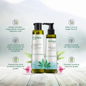 Hampa Wellness Shampoo + Conditioner: A bundle of Hampa Wellness Shampoo and Conditioner, possibly arranged in an attractive box for a complete hair care solution, offered at CBD Shop of India online store.
