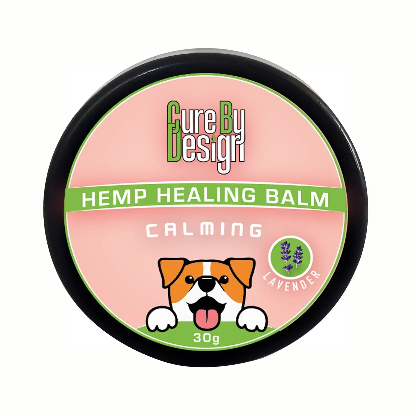 Cure By Design Hemp Healing Balm for Pets container with a cartoon dog illustration on a white background