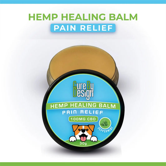 Hemp healing balm for pets pain relief with 'Cure by Design' branding on a white background