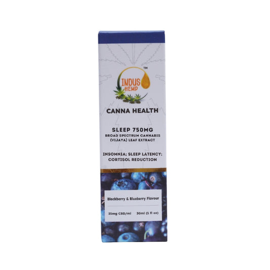 Indus Hemp Canna Health Sleep 750MG packaging with blueberry flavor on a white background
