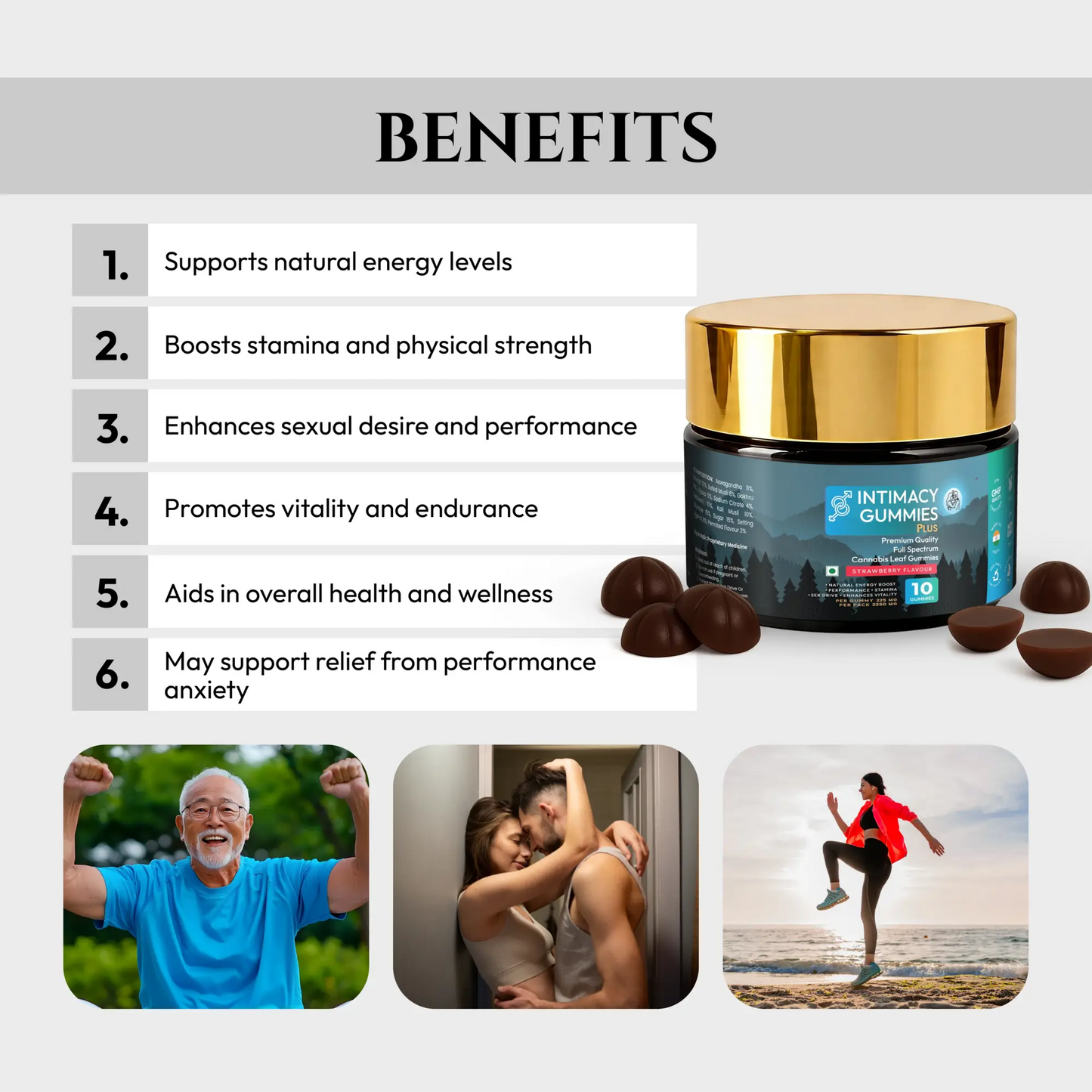 Intimacy CBD Gummies Product container with benefits listed and lifestyle images on a white background