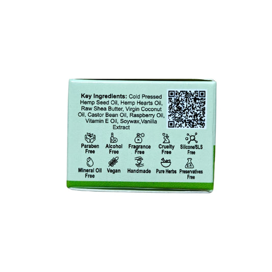 Hemp Product packaging with ingredient list and QR code on a white background