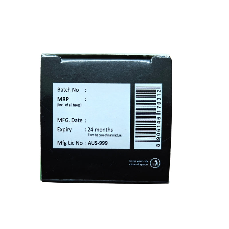 Black box with a label displaying product details on a white background