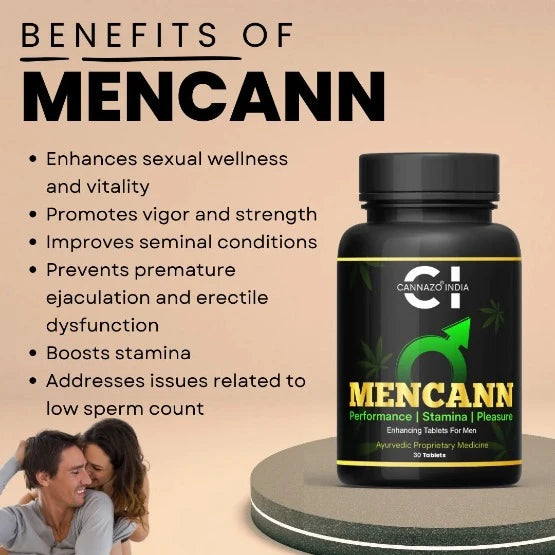 a black bottle contains cannazo mencann sexual booster with green text and yellow text.