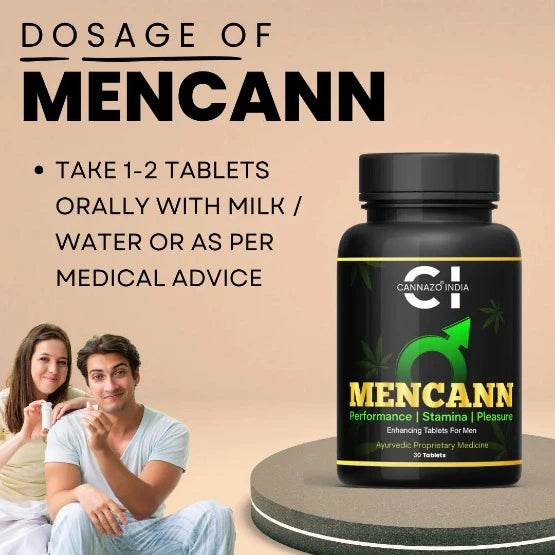 a black bottle contains cannazo mencann sexual booster with green text and yellow text.