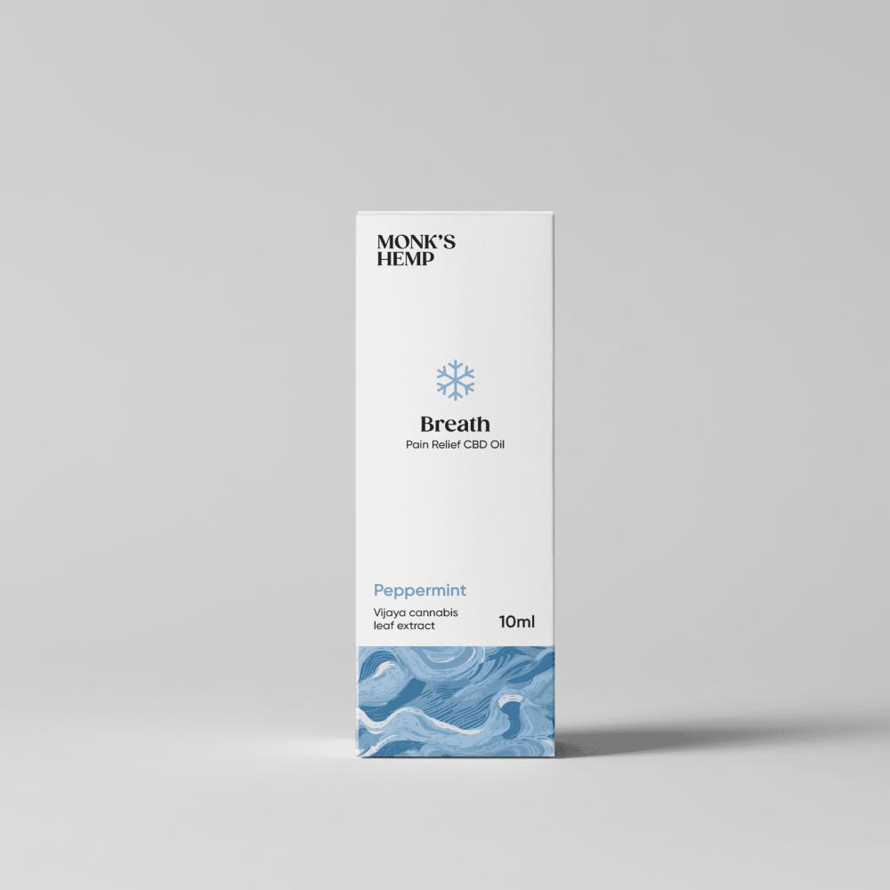 White rectangular product box with text detailing "MONK'S HEMP," a blue snowflake symbol, "Breath Pain Relief CBD Oil
