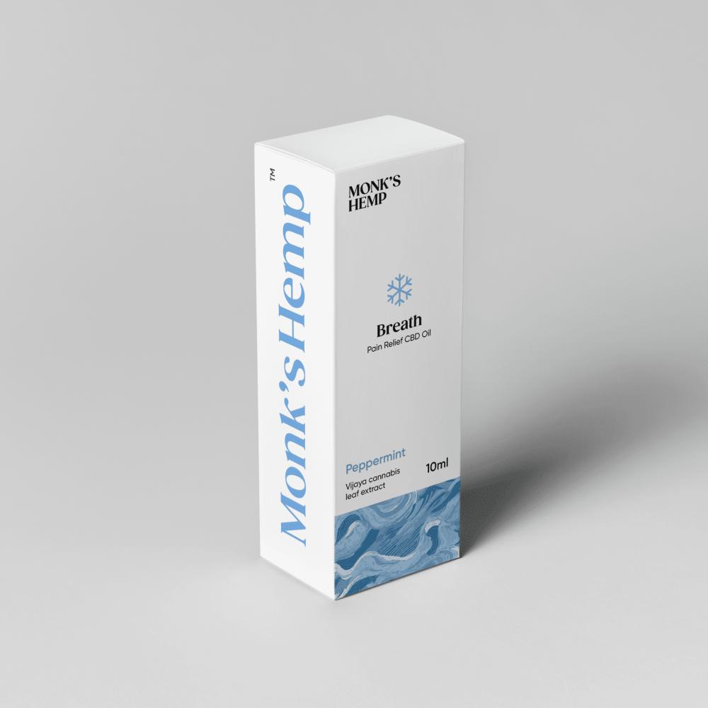 White box of Monk’s Hemp™ Breath Pain Relief CBD Oil, peppermint-flavored.